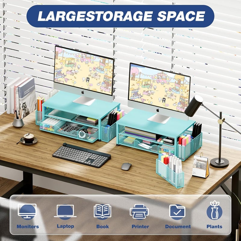 OPNICE Desk Organizers and Accessories, 2-Tier Computer Monitor Stand Riser with Drawer and 2 Pen Holders, Laptop Stand, Office Desk Accessories for Office Supplies, Teal Blue - Image 3